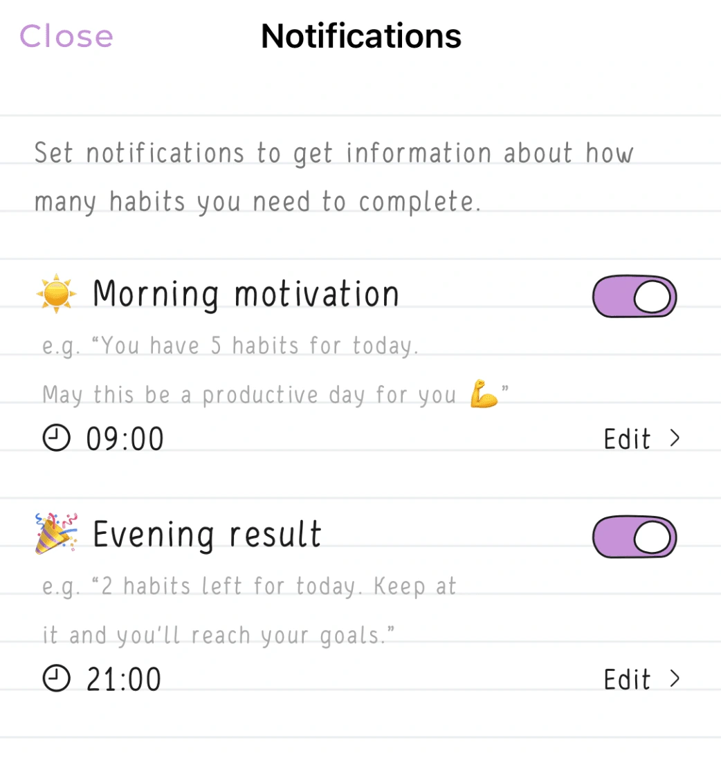 The Notification Settings screen within the Hizo app interface.