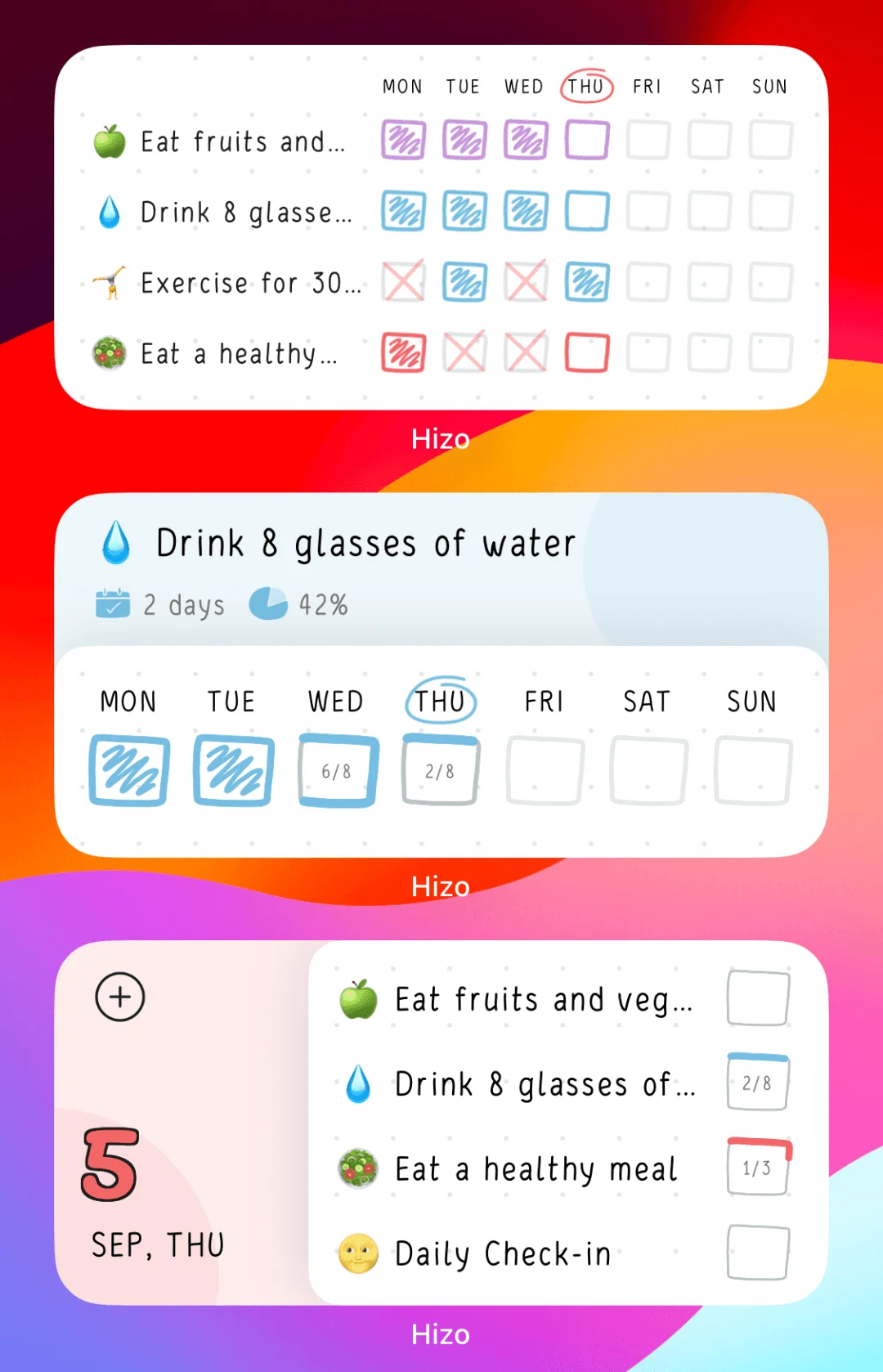 Screenshots of the Hizo app with 3 interactive widgets on Home Screen.
