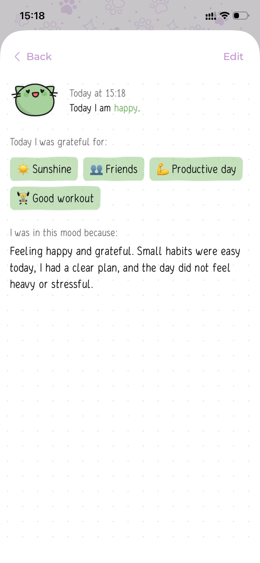 Daily mood note with selected gratitude items and an explanation text.