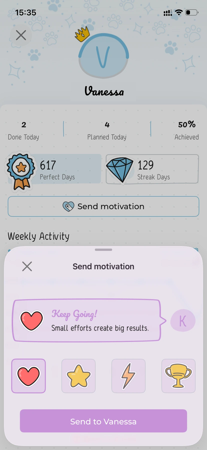 Friend profile with a Send motivation button and a popup to choose an encouragement message and icon.