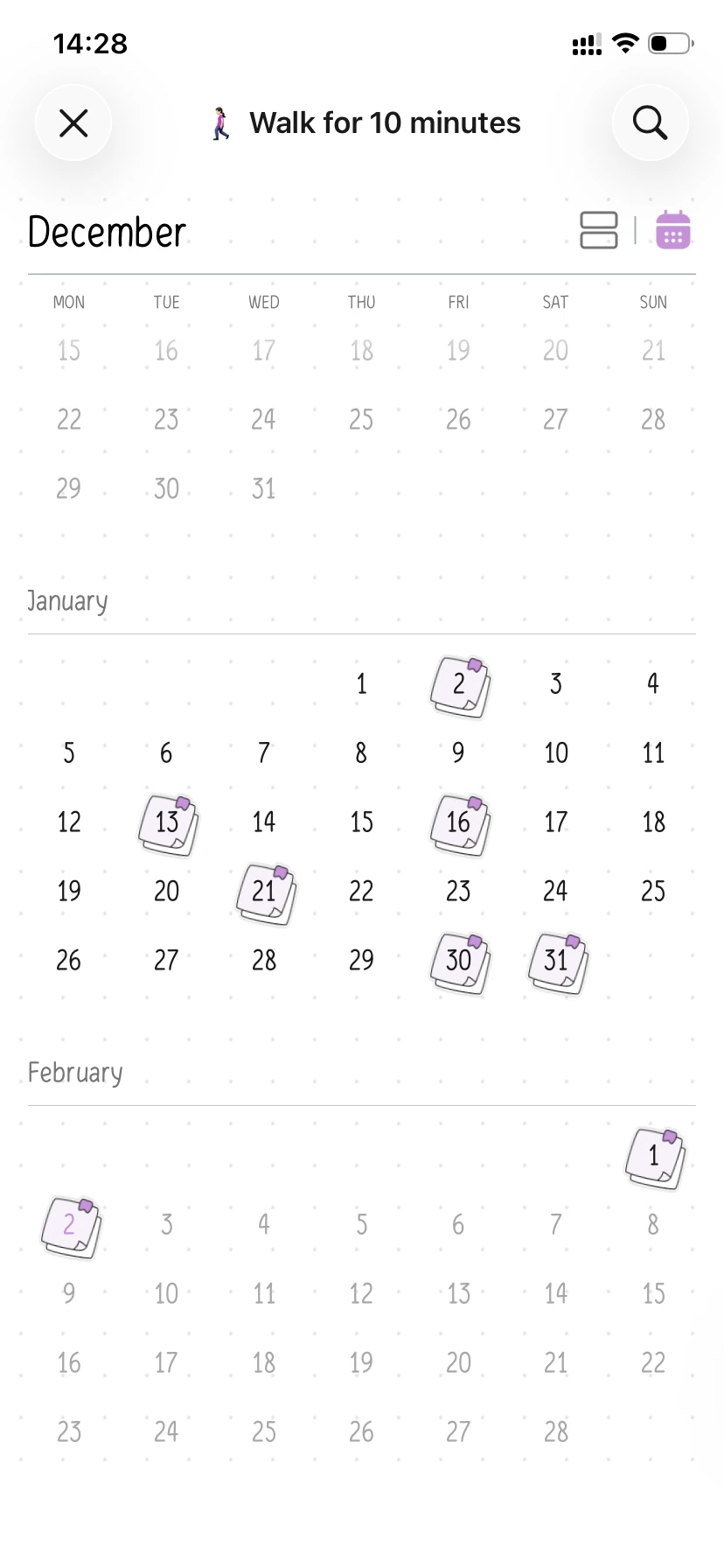 Monthly calendar view of notes for Walk for 10 minutes.