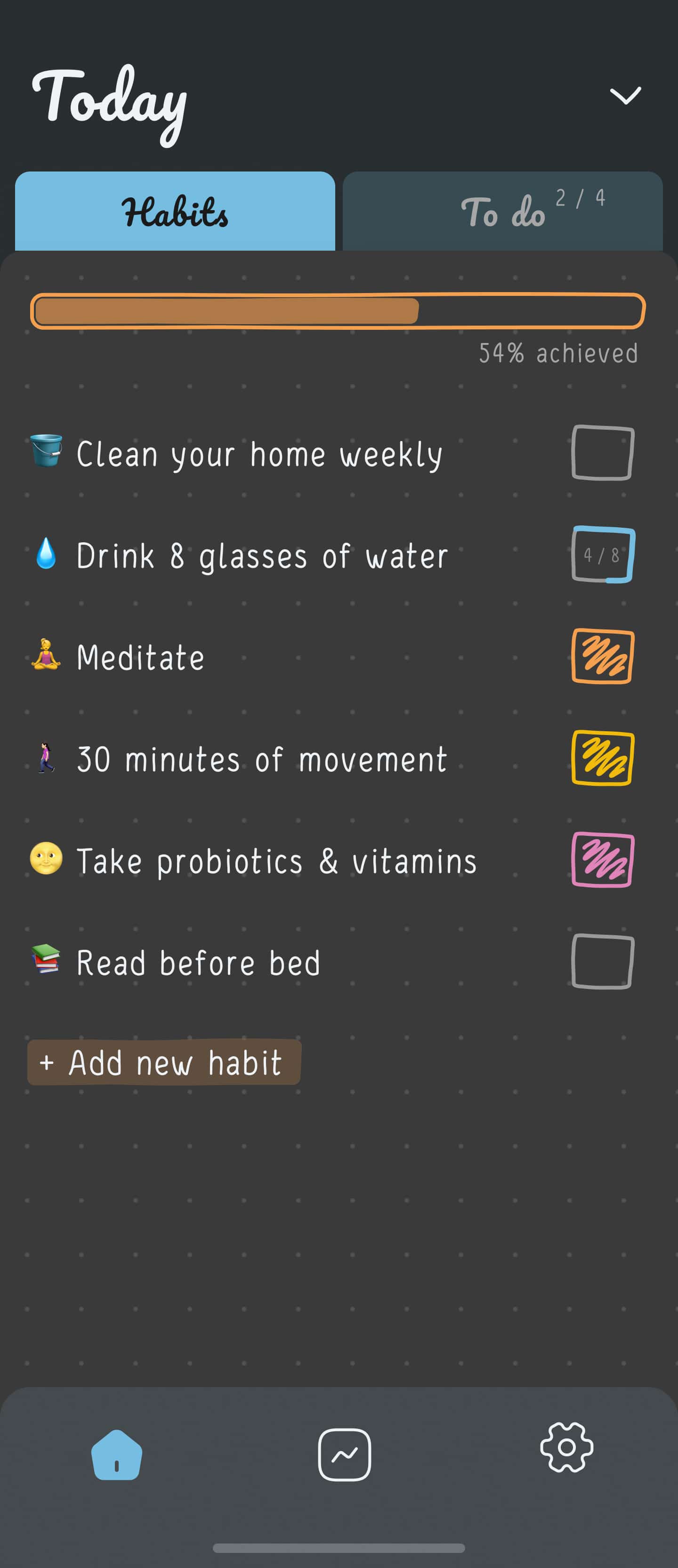 Home screen of Hizo app with habits list and progress for one day.