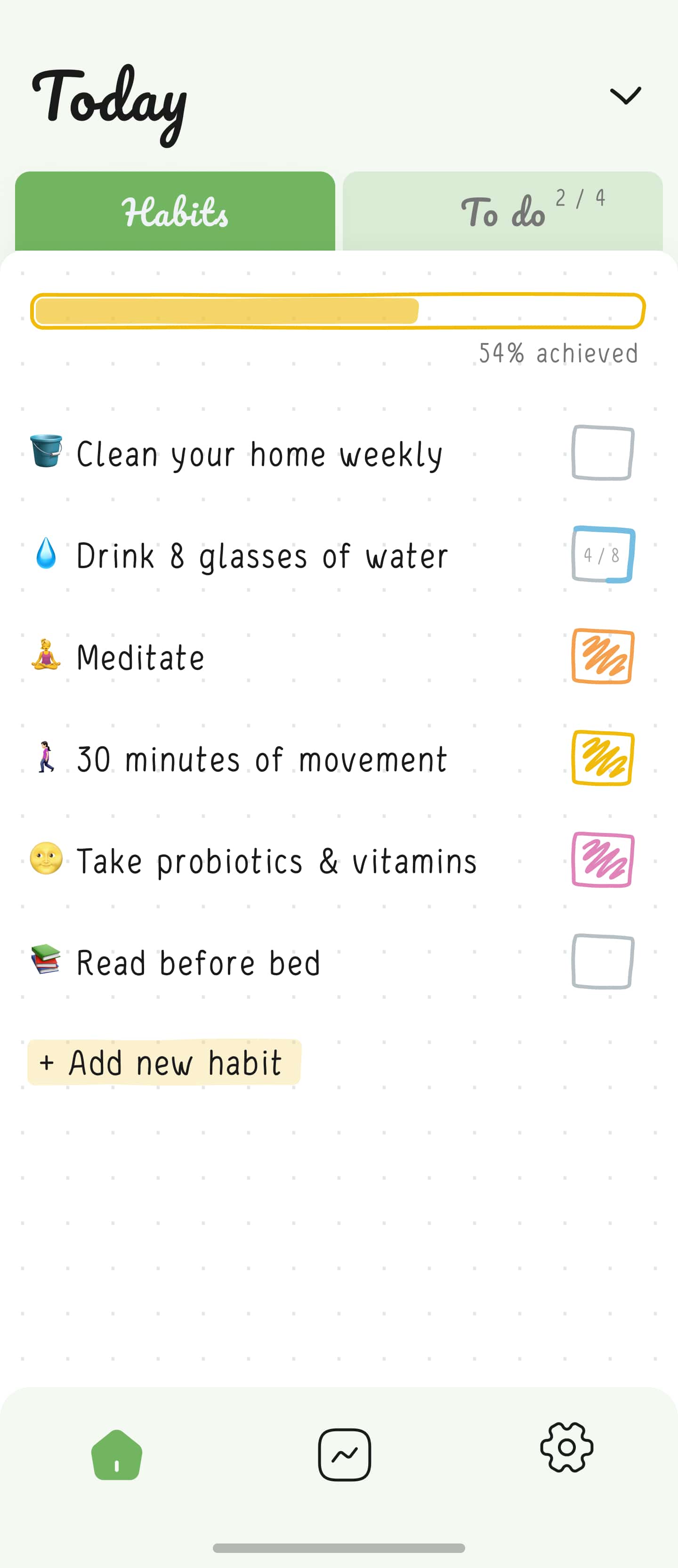 Home screen of Hizo app with habits list and progress for one day.