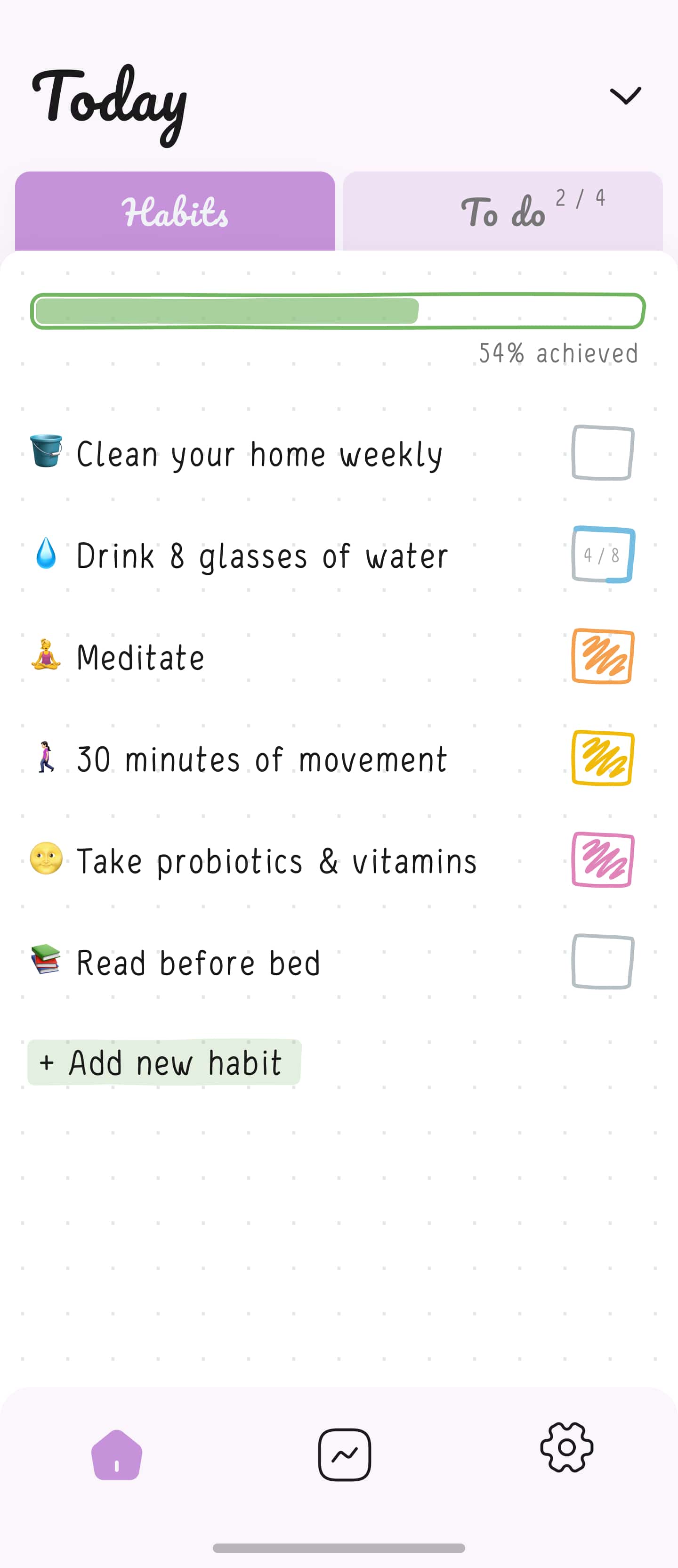 Home screen of Hizo app with habits list and progress for one day.