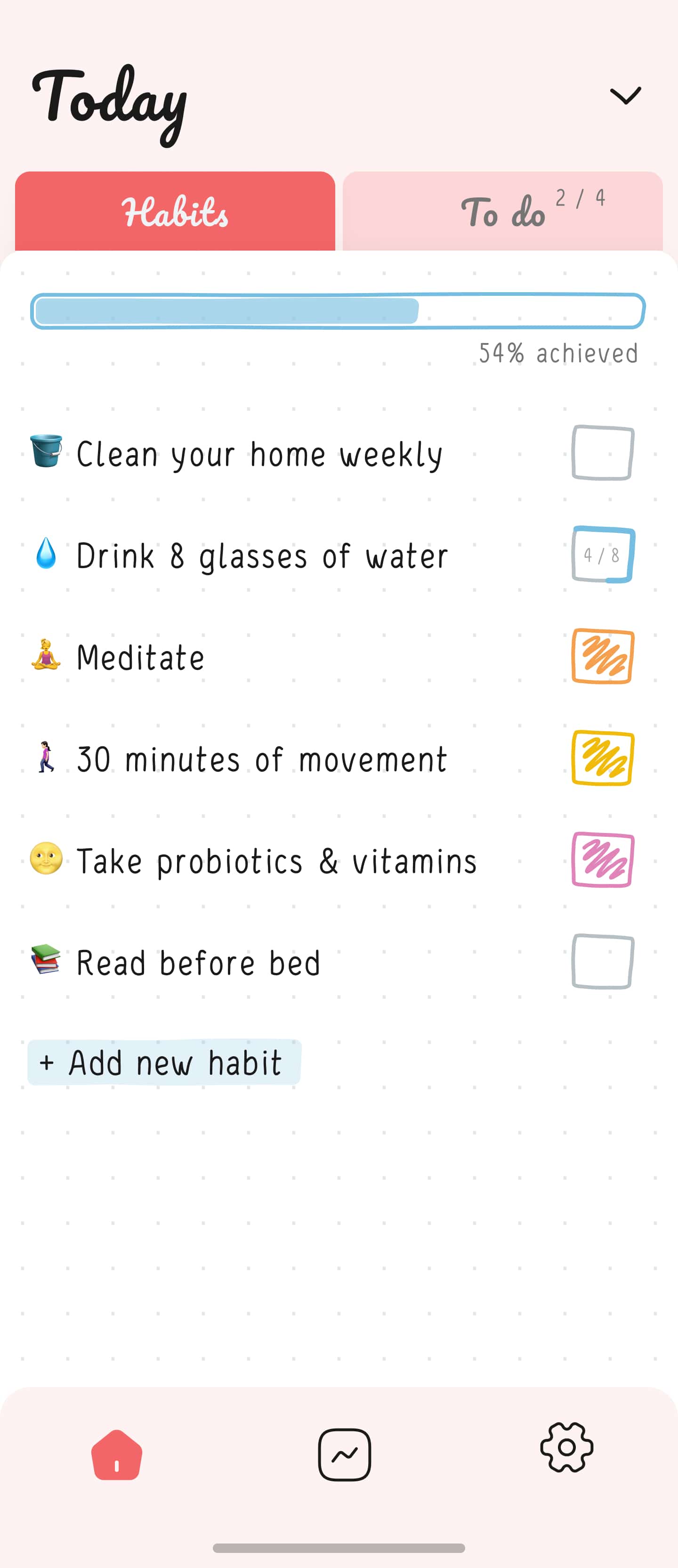 Home screen of Hizo app with habits list and progress for one day.