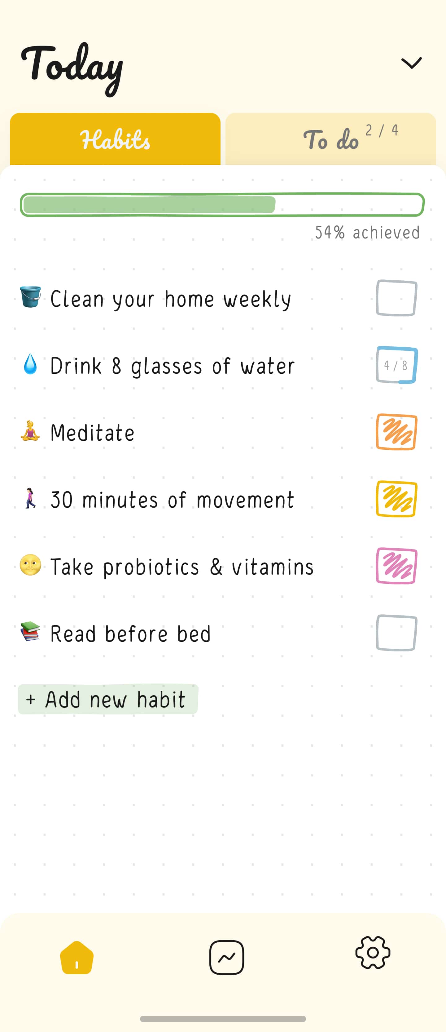 Home screen of Hizo app with habits list and progress for one day.