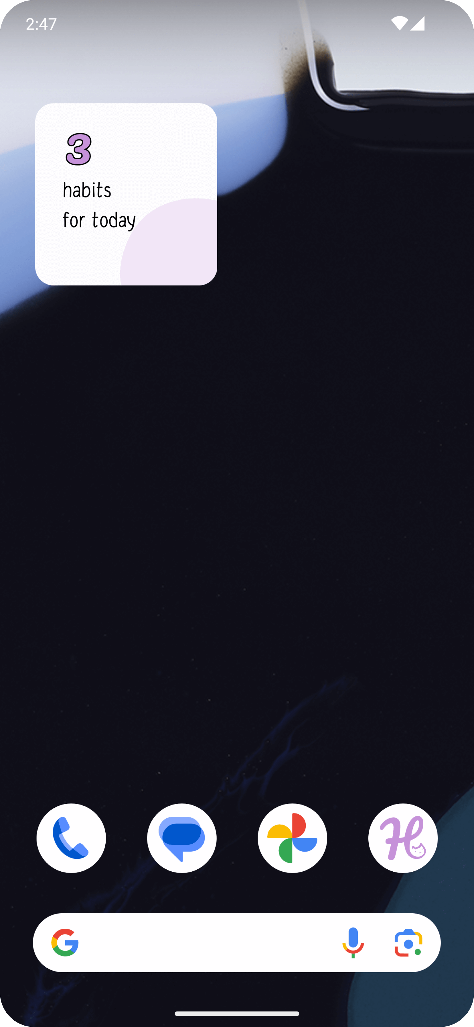 Android Home Screen with the Counter widget which show the number of remaining habits for the day.