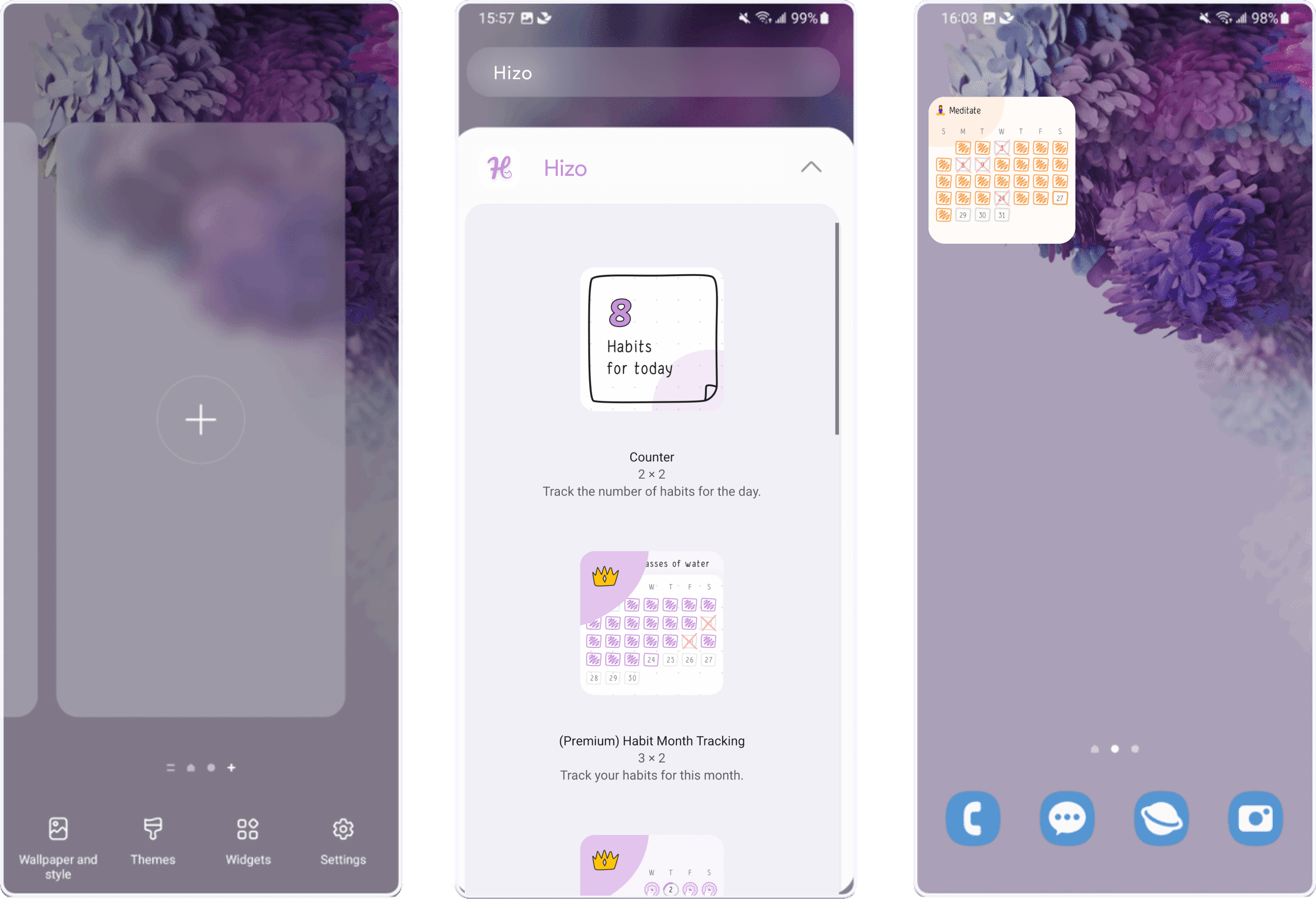 Long press on the Hizo app icon or the blank space on the Home screen and tap Widget.